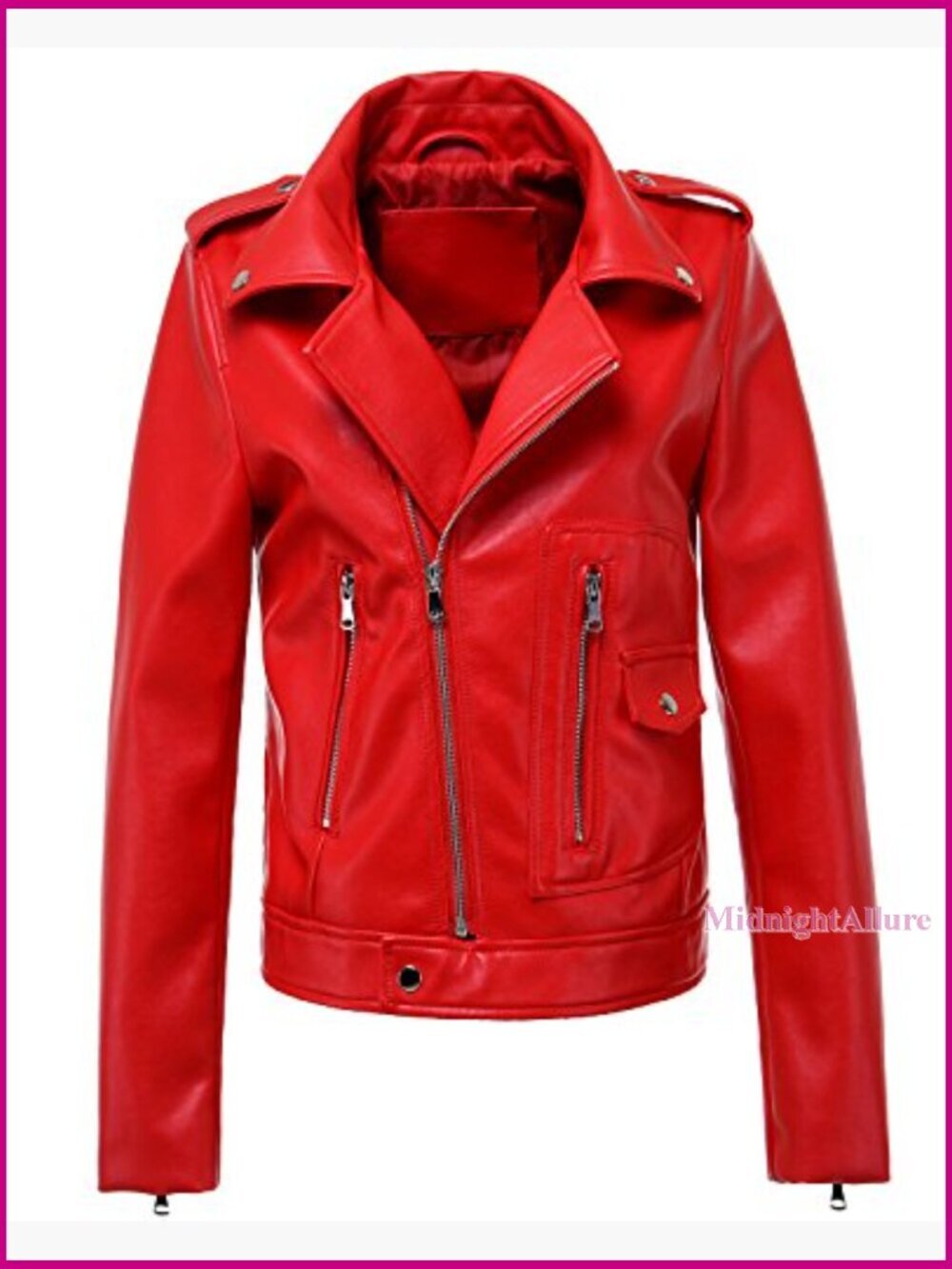 Faux Leather Motorcycle Jacket Zipper Pockets Women's Biker Style - Picture 4 of 7